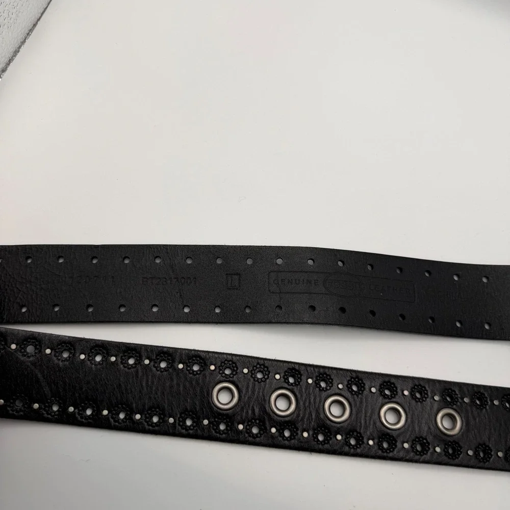 Fossil Womens Black Leather Floral Perforated Studded Belt L BT2817001